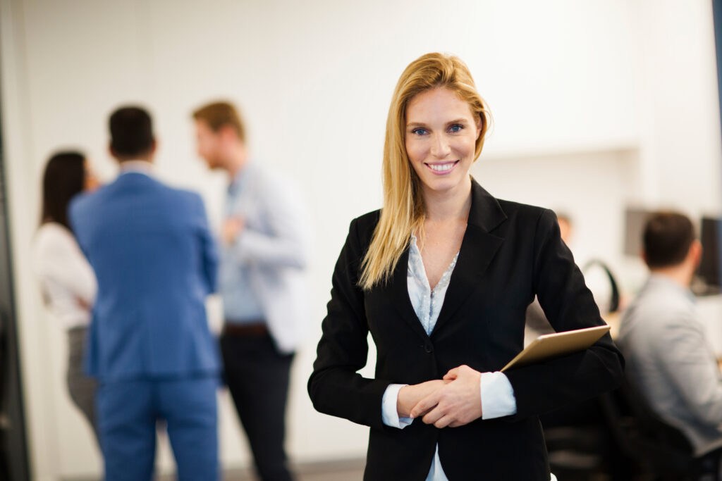 Woman with bright white smile at a job interview